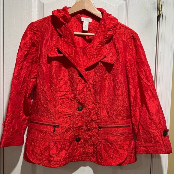 Chico’s CRINKLE SHEEN SHAYA Tomato Red JACKET size 0/small/4 - Picture 1 of 5